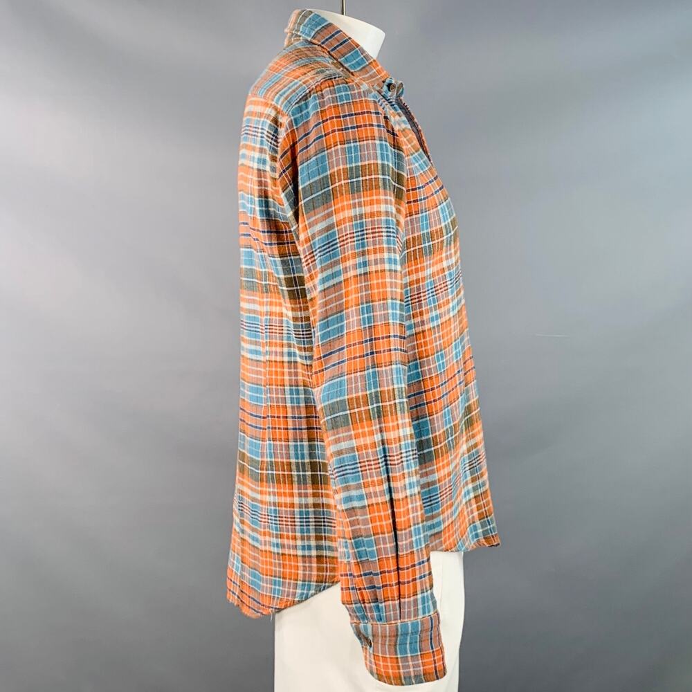 45rpm Size XL Blue Orange Plaid Cotton Curved Cutaway Flannel Long Sleeve Shirt - Picture 2 of 9